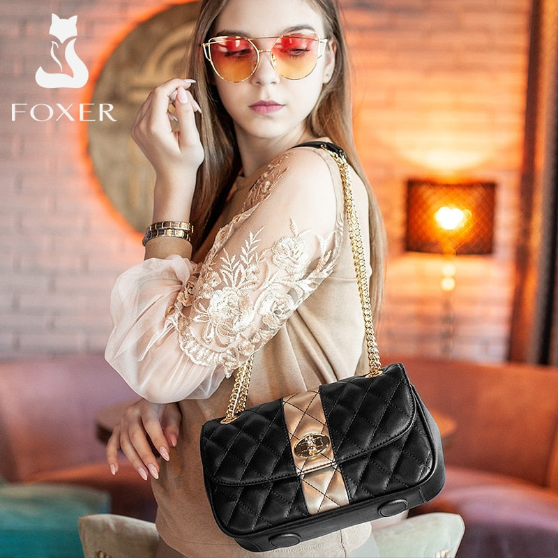 FOXER Women Crossbody Shoulder Bag Diamond Lattice Handbag Lady Purse Split Leather Chain Strap Messenger Bag Valentine Day Gift