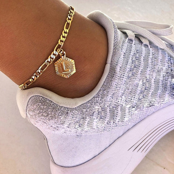 Dainty A-Z letter Anklet Hexagon Shaped Initial Ankle Bracelet Stainless Steel Feet Jewelry Leg Chain Women Men Gifts