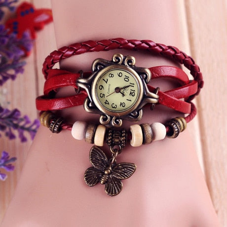 Foreign trade antique watch fashion leather wrapped bracelet epidermis women table butterfly pendants wholesale children table