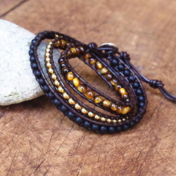 DIY Handmade Jewelry for Women Men Multilayer Leather Bracelet Natural Stone 4mm Tiger Eye Stone Beads Wrap Bracelet