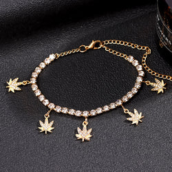 Bohemia Summer Maple Leaf Rhinestone Charm Anklets Shiny Crystal Tennis Anklet for Women Beach Foot Jewelry Leg Chain Bracelets