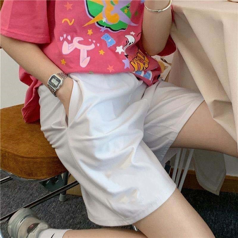 2021 Summer Shorts Women Elasticity Lovely Girls Korean Style Sweet Students Harajuku Simple Pure Gray Oversize Trousers Female