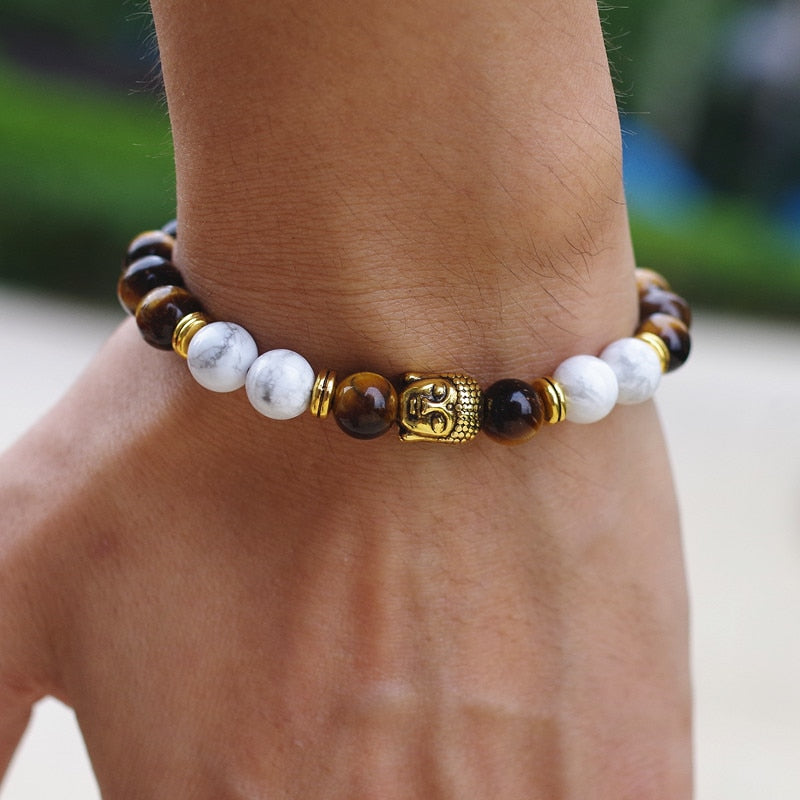 DIY 8MM Tiger Eye Stone Yoga Healing Reiki Prayer Mala Buddha Bracelet Women Men Strand Charm Bracelet Jewelry