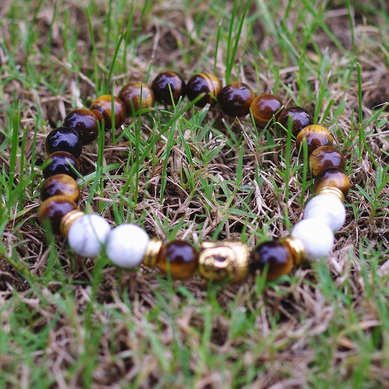 DIY 8MM Tiger Eye Stone Yoga Healing Reiki Prayer Mala Buddha Bracelet Women Men Strand Charm Bracelet Jewelry