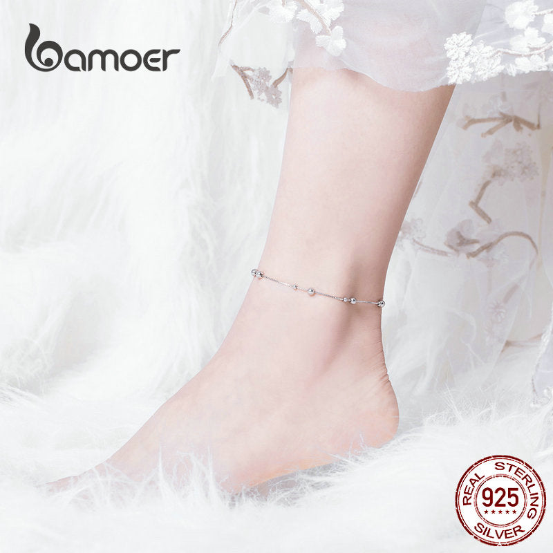 bamoer Minimalist Round Beads Anklet Sterling Silver Chian Bracelet for Leg Female Foot Jewelry For Women Leg Chain SCT005