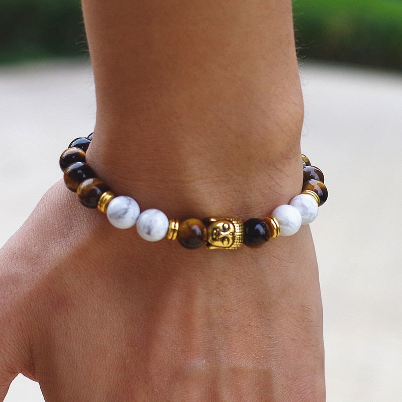 DIY 8MM Tiger Eye Stone Yoga Healing Reiki Prayer Mala Buddha Bracelet Women Men Strand Charm Bracelet Jewelry