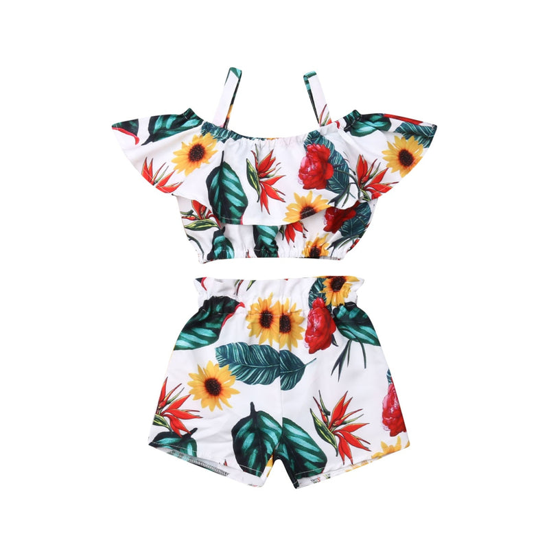 Newest Fashion Summer Toddler Baby Girl Clothes Off Shoulder Ruffle Sling Crop Tops Short Pants 2Pcs Outfits Clothes