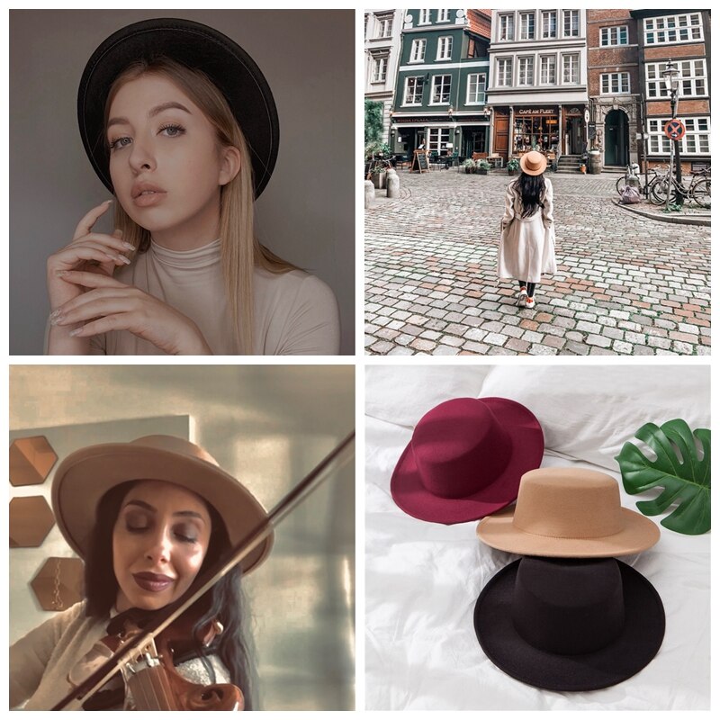 Flat Fedoras Hats for Women Classic British Jazz Cap Imitation Woolen Wide Brim Ladies Caps Church Derby Flat Top Hat gorras