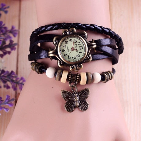 Foreign trade antique watch fashion leather wrapped bracelet epidermis women table butterfly pendants wholesale children table