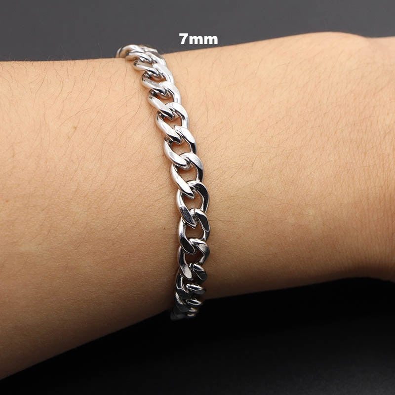 3-7mm Simple Stainless Steel Men Curb Cuban Chain Fashion Women Bracelet On Hand For Couple Unisex Wrist Jewelry Gift Party