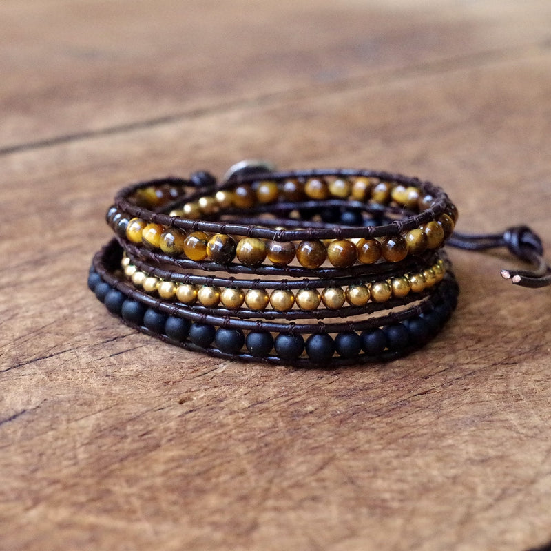 DIY Handmade Jewelry for Women Men Multilayer Leather Bracelet Natural Stone 4mm Tiger Eye Stone Beads Wrap Bracelet