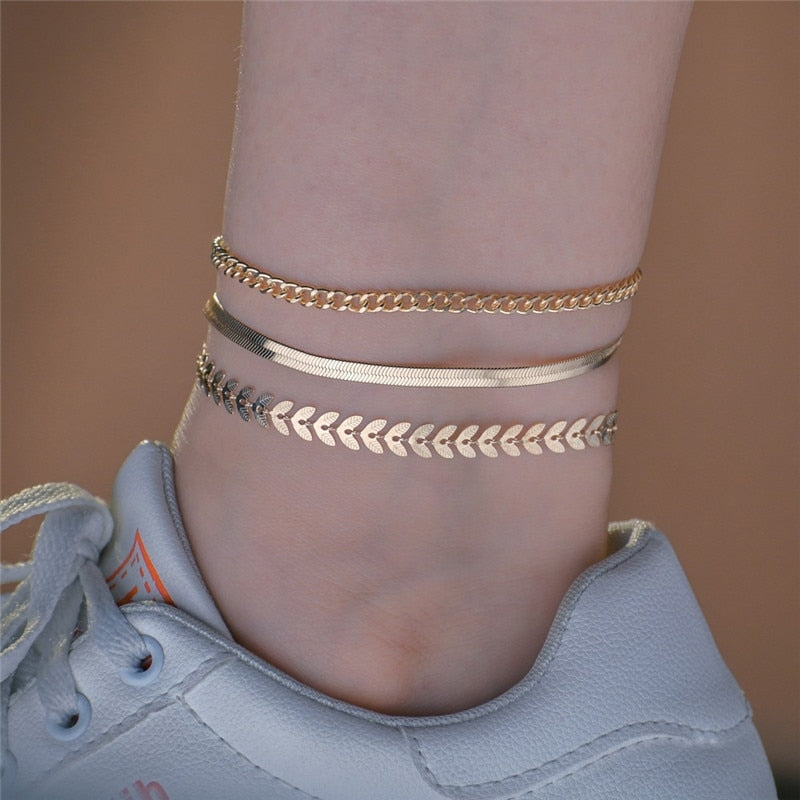 LETAPI 3pcs/set Gold Color Simple Chain Anklets For Women Beach Foot Jewelry Leg Chain Ankle Bracelets Women Accessories