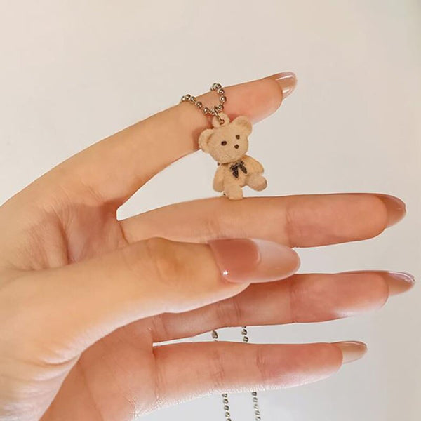 Cute Plush Bear Pendant Necklace for Girls Women Korean Fashion Bear Long Sweater Neck Chain Necklaces Collar Jewelry