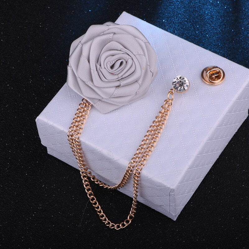 Korean Bridegroom Wedding Brooches Cloth Art Hand-Made Rose Flower Brooch Lapel Pin Badge Tassel Chain Men&#39;s Suit Accessories