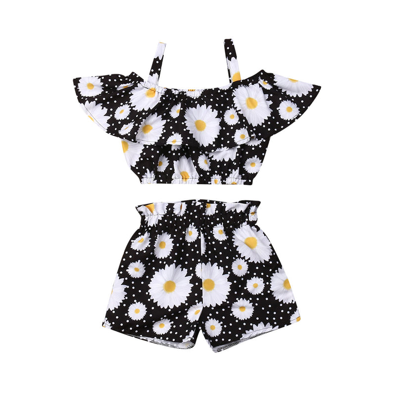 Newest Fashion Summer Toddler Baby Girl Clothes Off Shoulder Ruffle Sling Crop Tops Short Pants 2Pcs Outfits Clothes