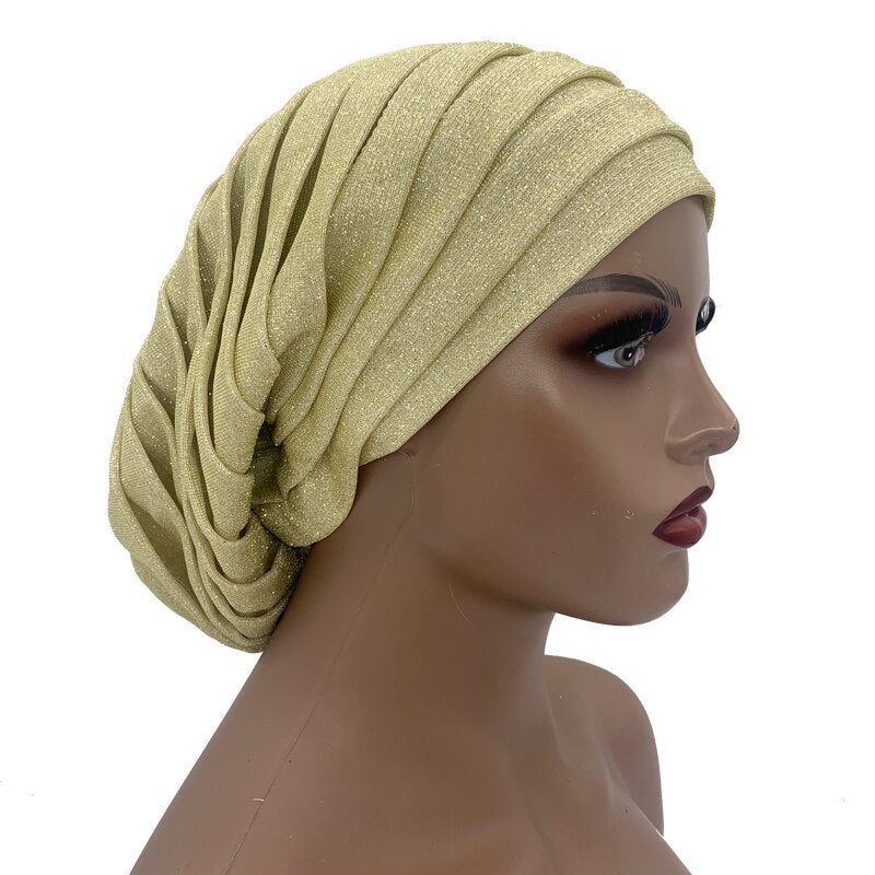 Glitter Full Body Pleated Turban Cap for Women 2023 Lady Head Wraps Muslim Headscarf Hat Turbante Mujer African Headpiece