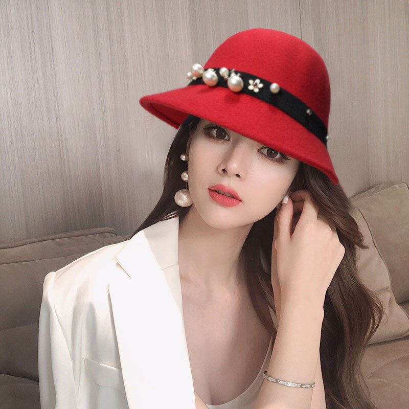 Flat Fedoras Hats for Women Classic British Jazz Cap Imitation Woolen Wide Brim Ladies Caps Church Derby Flat Top Hat gorras