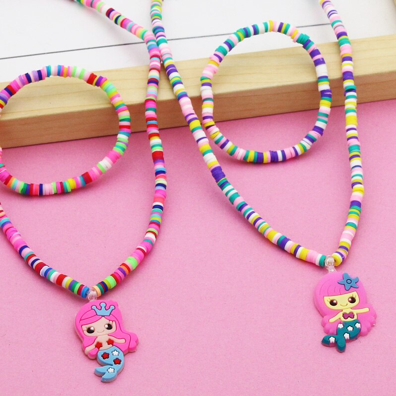 2pcs/Set Clay Beads Necklace Bracelet Jewelry Sets Cute Cartoon Pattern Charm For Children Party Jewelry Kids Birthday Gift Sets