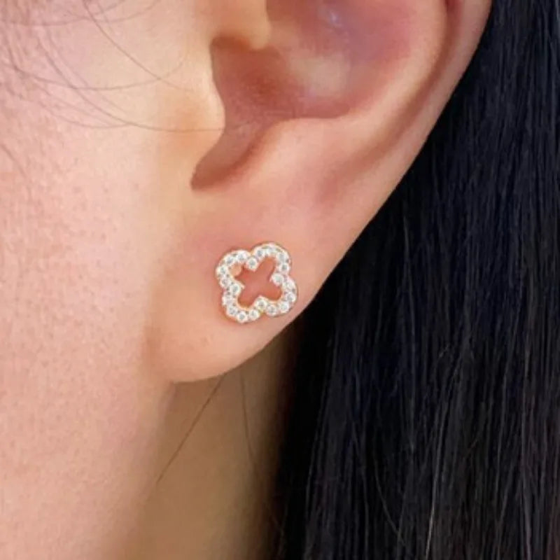 925 Sterling Silver Four Leaf Flower Mini Stud Earrings for Women Personality Hollow Inlaid Zircon Earring Piercing Jewelry Gift