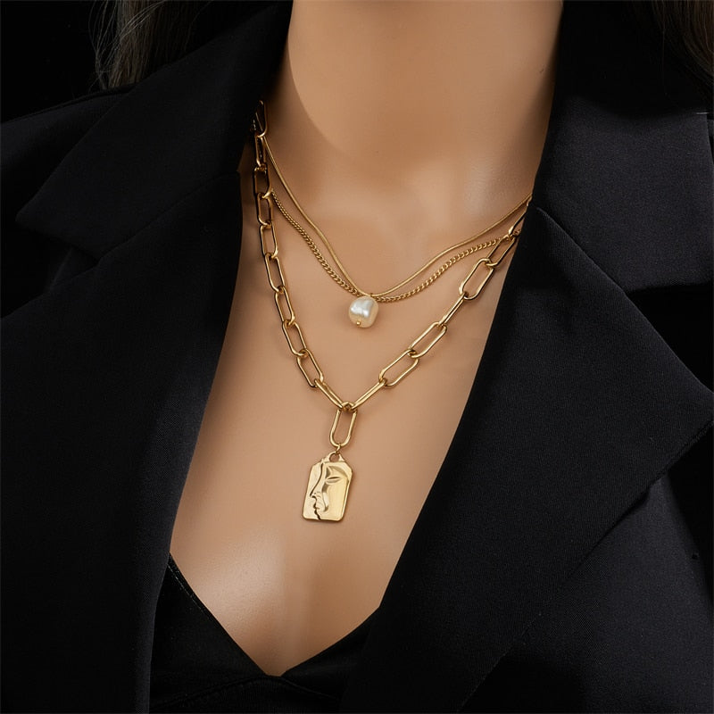 DIEYURO 316L Stainless Steel Gold Color Heart Pearl Pendant Necklace For Women Punk Street Rustproof Neck Jewelry Party Gift