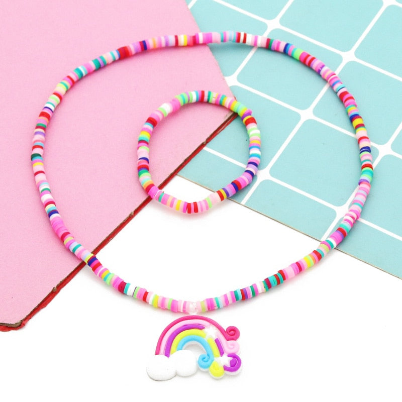 2pcs/Set Clay Beads Necklace Bracelet Jewelry Sets Cute Cartoon Pattern Charm For Children Party Jewelry Kids Birthday Gift Sets