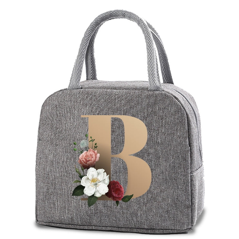 Thermal Lunch Dinner Bags Canvas Gold Letter Handbag Picnic Travel Breakfast Box School Child Convenient Lunch Bag Tote Food Bag