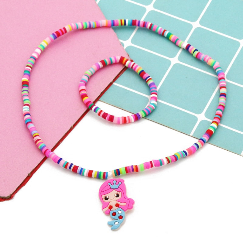 2pcs/Set Clay Beads Necklace Bracelet Jewelry Sets Cute Cartoon Pattern Charm For Children Party Jewelry Kids Birthday Gift Sets