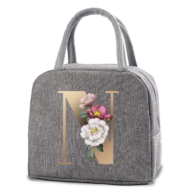 Thermal Lunch Dinner Bags Canvas Gold Letter Handbag Picnic Travel Breakfast Box School Child Convenient Lunch Bag Tote Food Bag