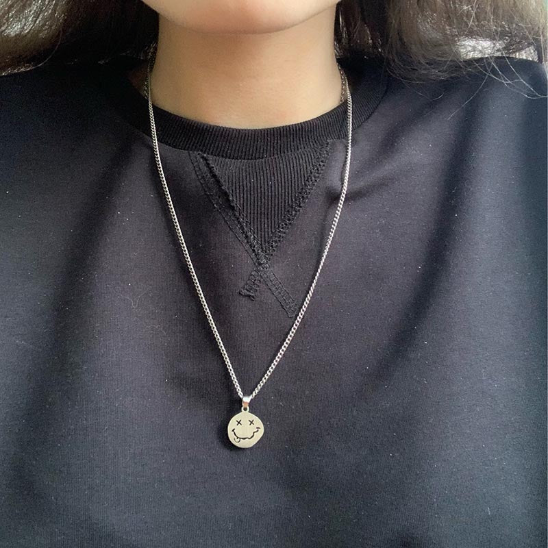 Kpop Smiley Face Necklaces Goth Hip Hop Chain stainless steel Pendant Necklace for Women Men Girl Neck Chain Gothic Streetwear