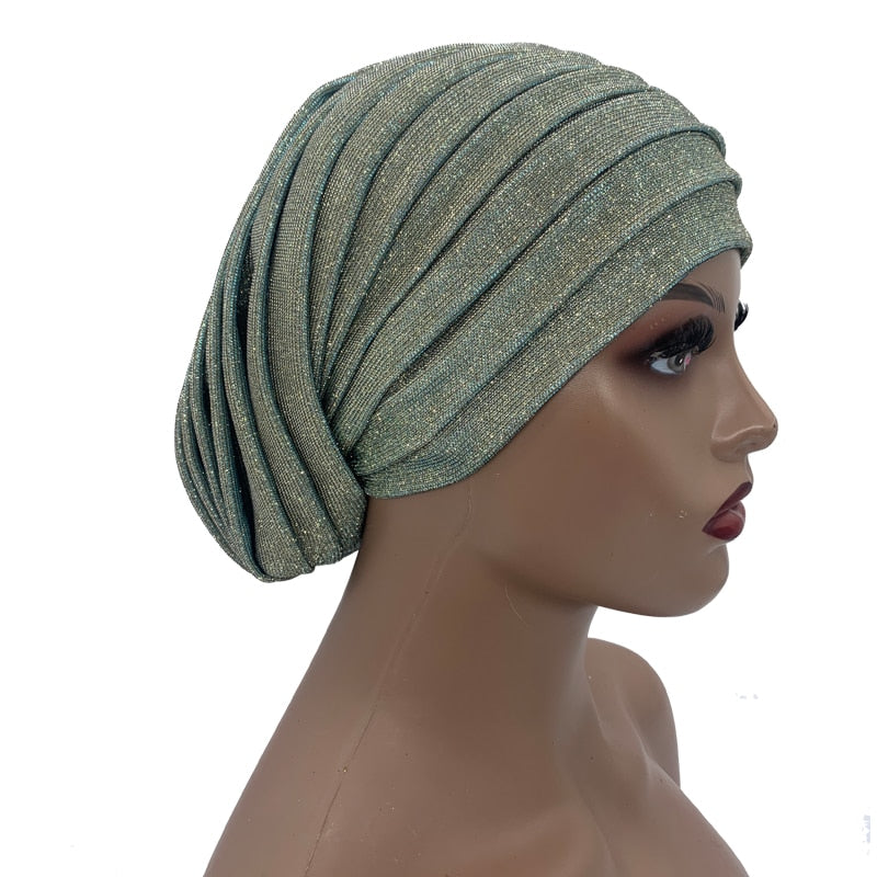 Glitter Full Body Pleated Turban Cap for Women 2023 Lady Head Wraps Muslim Headscarf Hat Turbante Mujer African Headpiece