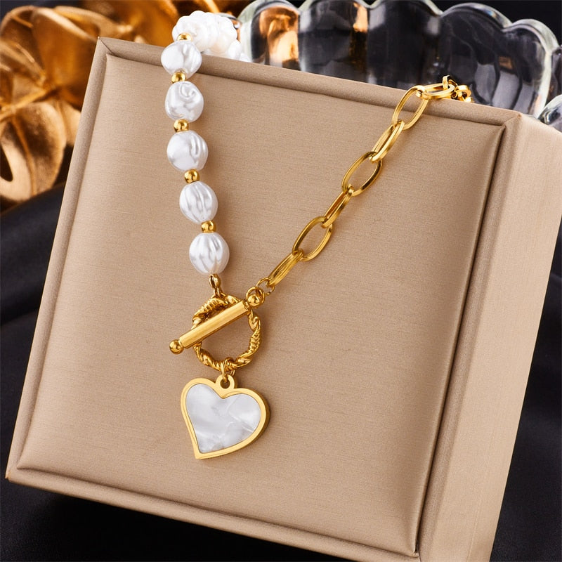 DIEYURO 316L Stainless Steel Gold Color Heart Pearl Pendant Necklace For Women Punk Street Rustproof Neck Jewelry Party Gift