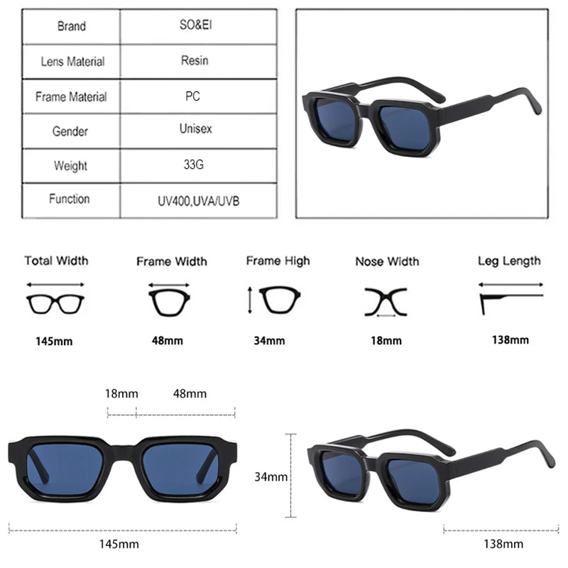 SO&EI Fashion Square Sunglasses Women Shades UV400 Vintage Blue Tea Punk Men Sun Glasses