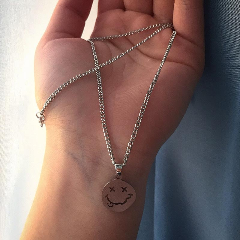 Kpop Smiley Face Necklaces Goth Hip Hop Chain stainless steel Pendant Necklace for Women Men Girl Neck Chain Gothic Streetwear