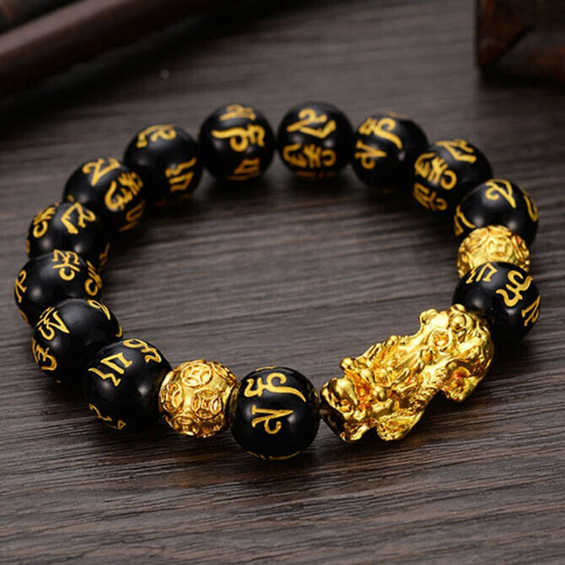 Obsidian Stone Beads Bracelet Pixiu Bring  Wealth Good Luck Feng Shui Chinese Beast Wristband Gold Pixiu Men Women Bracelet