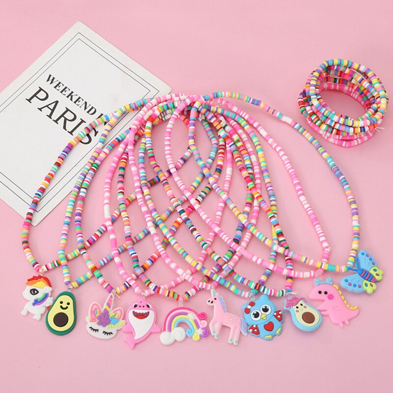 2pcs/Set Clay Beads Necklace Bracelet Jewelry Sets Cute Cartoon Pattern Charm For Children Party Jewelry Kids Birthday Gift Sets