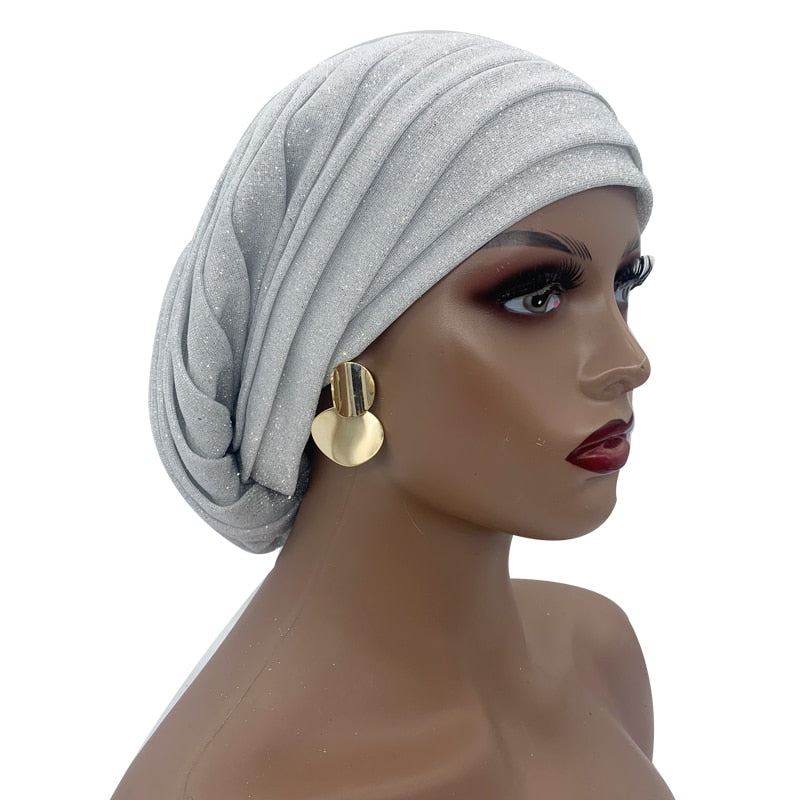 Glitter Full Body Pleated Turban Cap for Women 2023 Lady Head Wraps Muslim Headscarf Hat Turbante Mujer African Headpiece