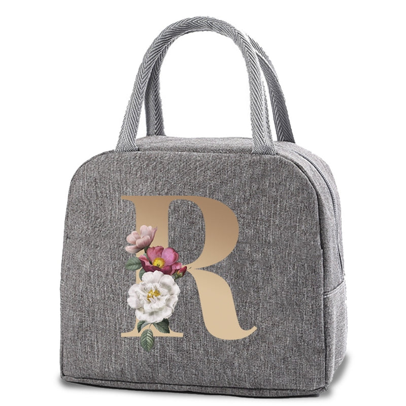 Thermal Lunch Dinner Bags Canvas Gold Letter Handbag Picnic Travel Breakfast Box School Child Convenient Lunch Bag Tote Food Bag