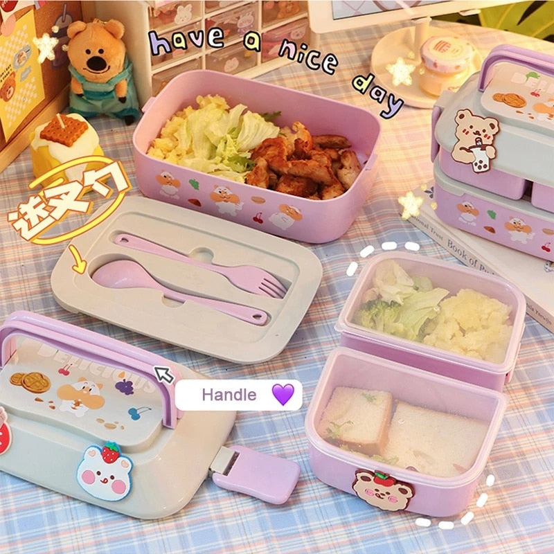 Kawaii Portable Lunch Box For Girls School Kids Plastic Picnic Bento Box Microwave Food Box With Compartments Storage Containers