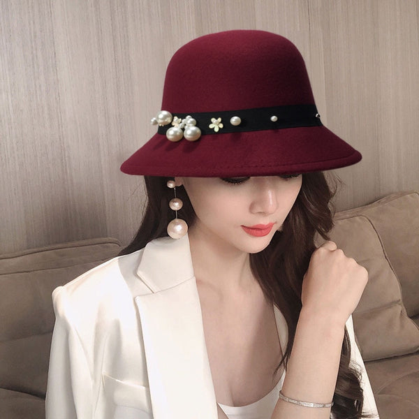 Flat Fedoras Hats for Women Classic British Jazz Cap Imitation Woolen Wide Brim Ladies Caps Church Derby Flat Top Hat gorras