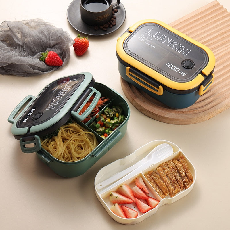 Portable Hermetic Lunch Box 2 Layer Grid Children Student Bento Box with Fork Spoon Leakproof Microwavable Prevent Odor School