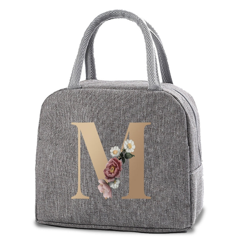 Thermal Lunch Dinner Bags Canvas Gold Letter Handbag Picnic Travel Breakfast Box School Child Convenient Lunch Bag Tote Food Bag