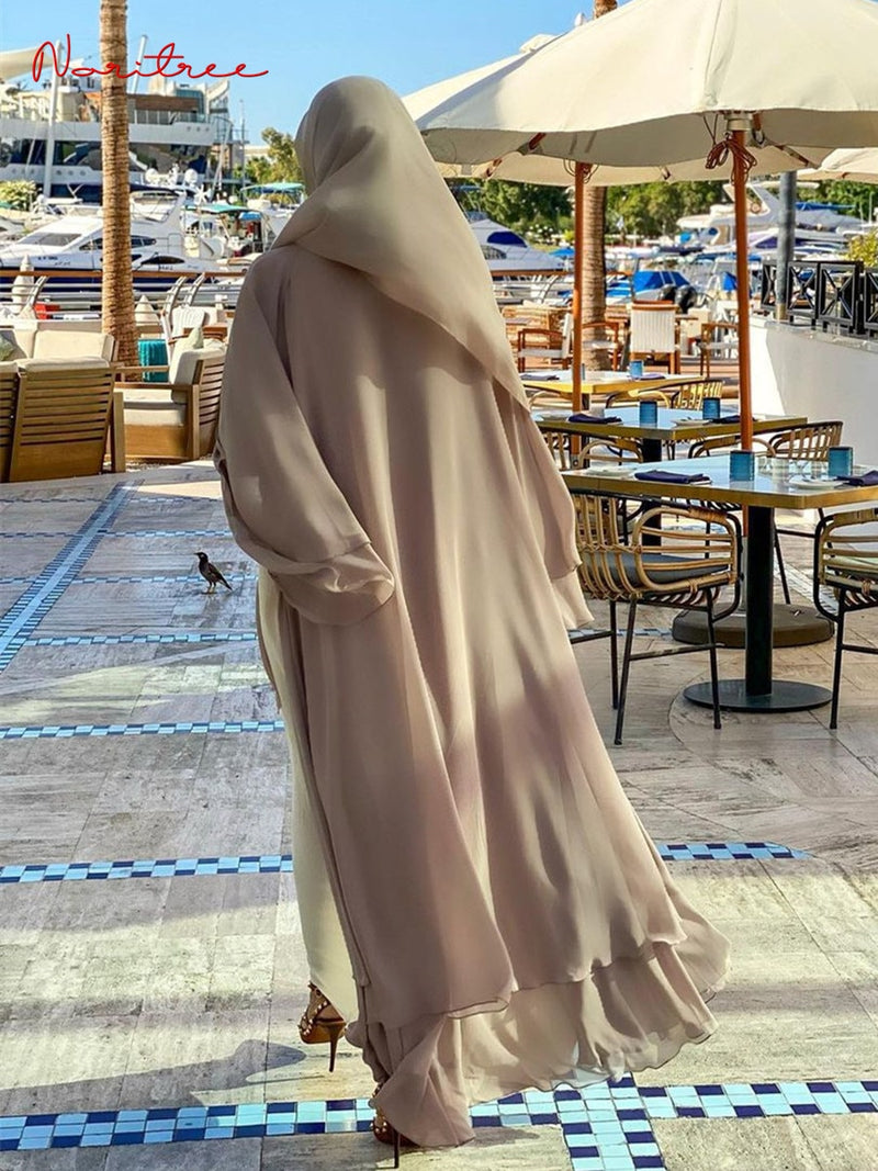 Better Double layer Abaya Kimono Dubai Kaftan Muslim Cardigan Abayas Dresses Women Casual Robe Femme Caftan Islam Clothes F2664