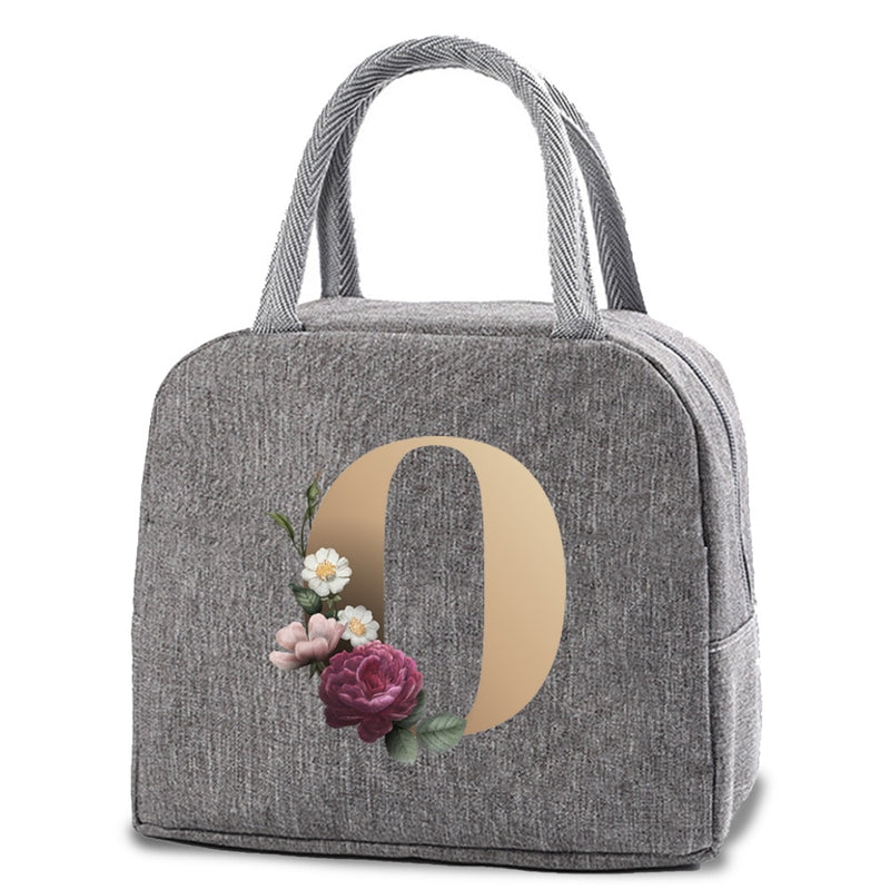 Thermal Lunch Dinner Bags Canvas Gold Letter Handbag Picnic Travel Breakfast Box School Child Convenient Lunch Bag Tote Food Bag