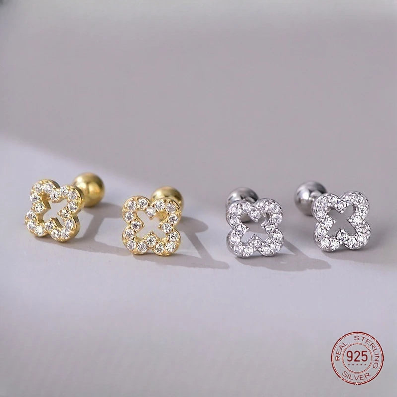 925 Sterling Silver Four Leaf Flower Mini Stud Earrings for Women Personality Hollow Inlaid Zircon Earring Piercing Jewelry Gift