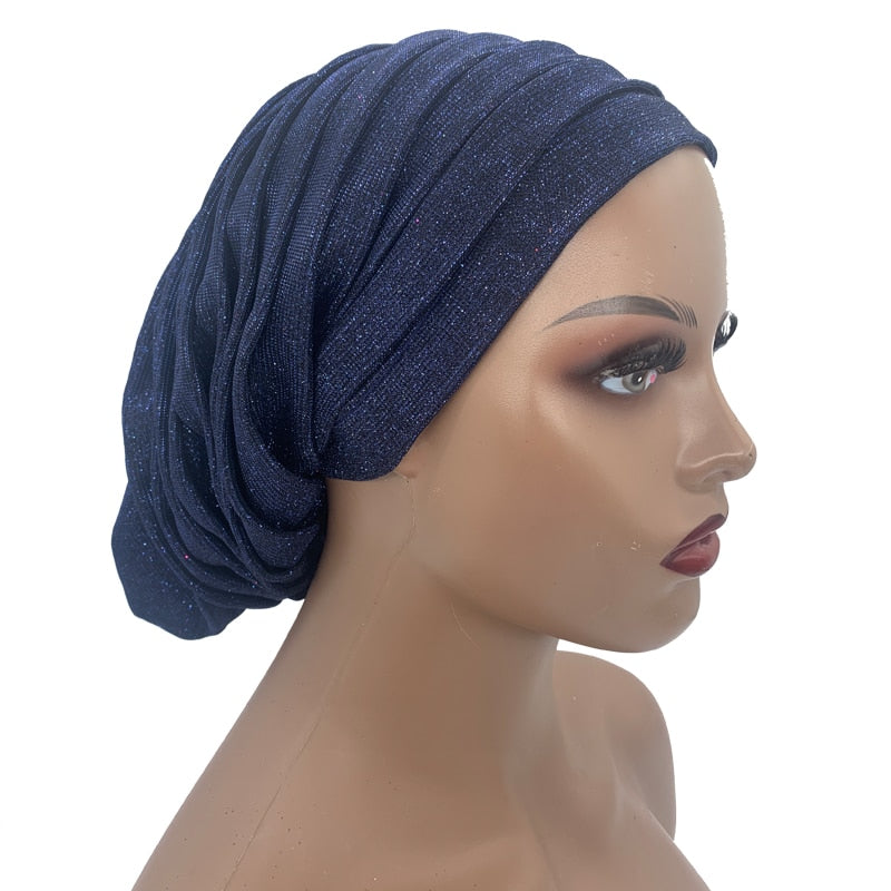 Glitter Full Body Pleated Turban Cap for Women 2023 Lady Head Wraps Muslim Headscarf Hat Turbante Mujer African Headpiece