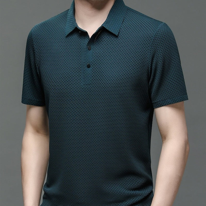 Summer New Men&#39;s Lop-up Hollow Short-sleeved Polo Shirt Ice Silk Breathable Business Fashion T-Shirt Male Brand Clothes