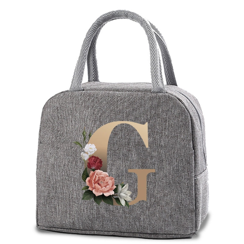 Thermal Lunch Dinner Bags Canvas Gold Letter Handbag Picnic Travel Breakfast Box School Child Convenient Lunch Bag Tote Food Bag