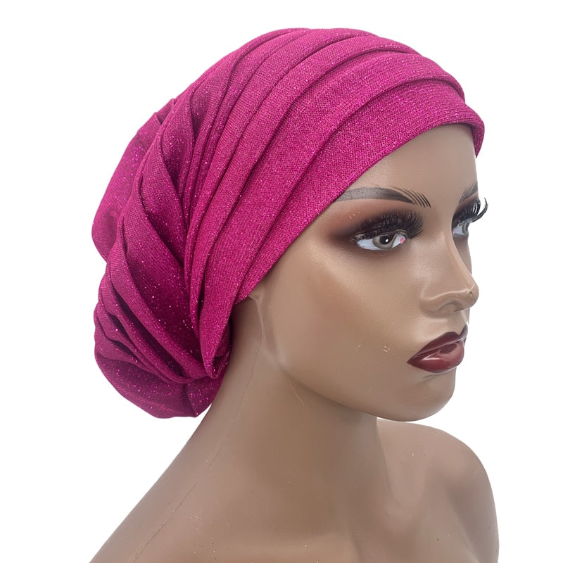 Glitter Full Body Pleated Turban Cap for Women 2023 Lady Head Wraps Muslim Headscarf Hat Turbante Mujer African Headpiece