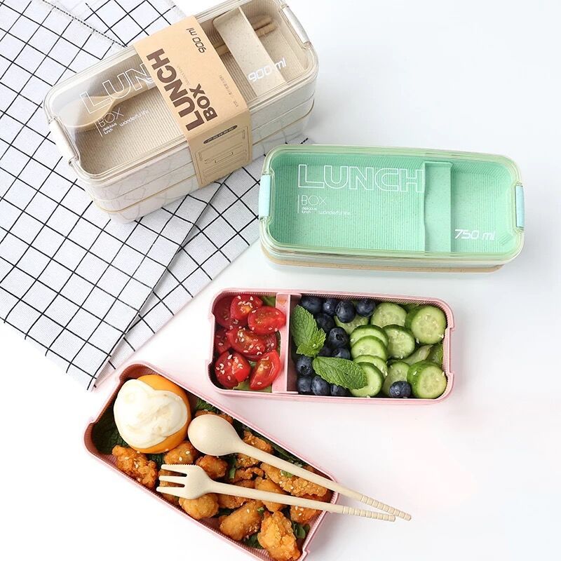 Kitchen 900ml Microwave Lunch Box Wheat Straw Dinnerware Food Storage Container Children Kids School Office Portable Bento Box