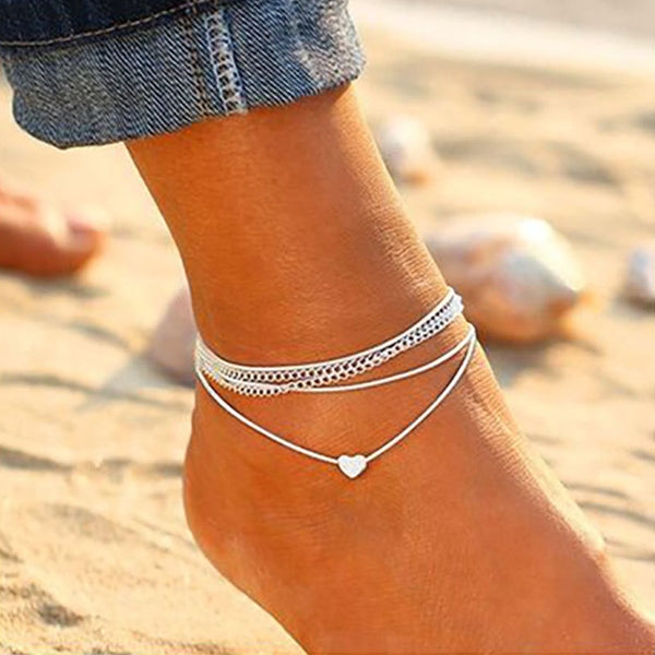 Bohemian Silver Color Anklet Bracelet On The Leg Fashion Heart Female Anklets Barefoot For Women Leg Chain Beach Foot Jewel